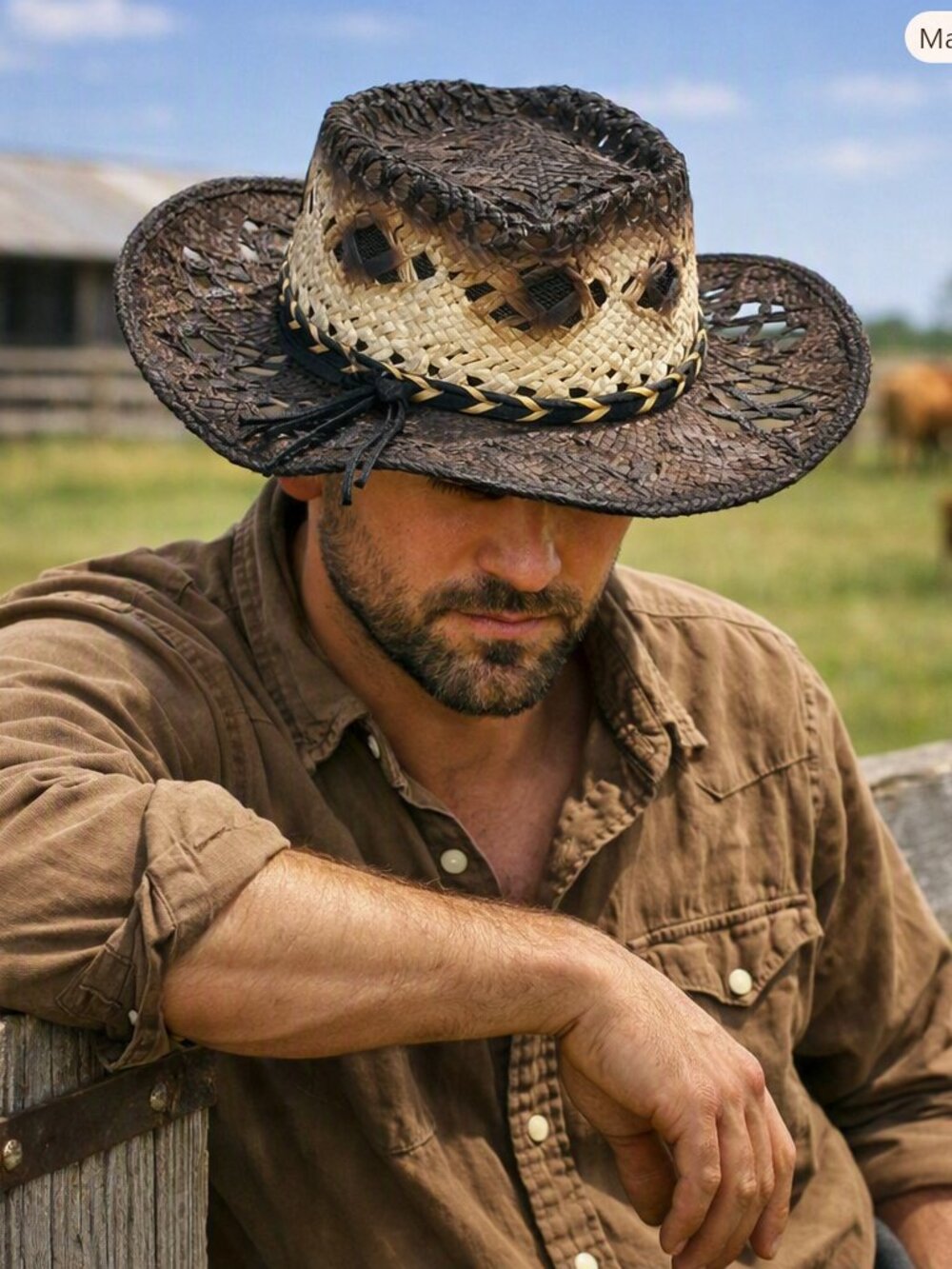 Woven Cowboy Cowgirl Hat S/M Brown White Leather Band Concho Unisex